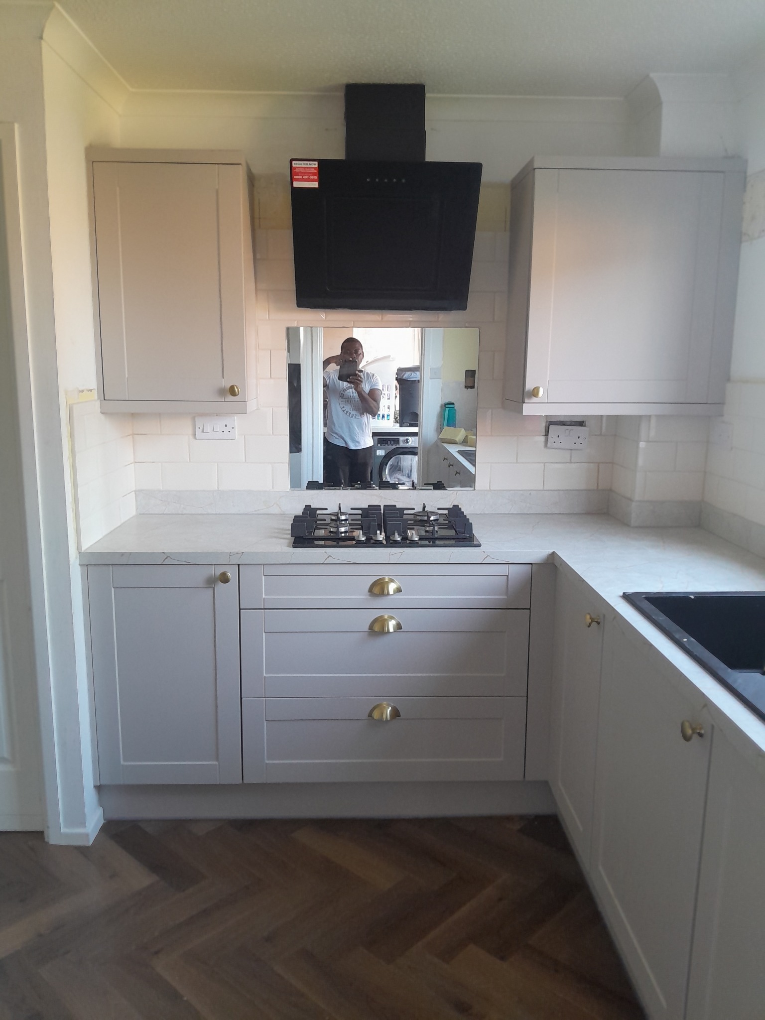 Completed white brick tile kitchen splashback by Herringbone of Lanark