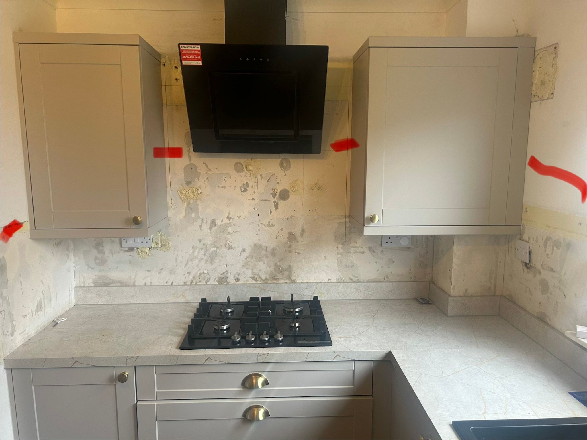 Kitchen wall before splashback tiling by Herringbone of Lanark